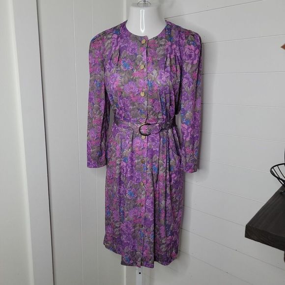 Peri Petites Vintage Button Up Belted Dress ~ Sz 6 ~ Purple ~ Midi ~ Long Sleeve - Picture 2 of 7